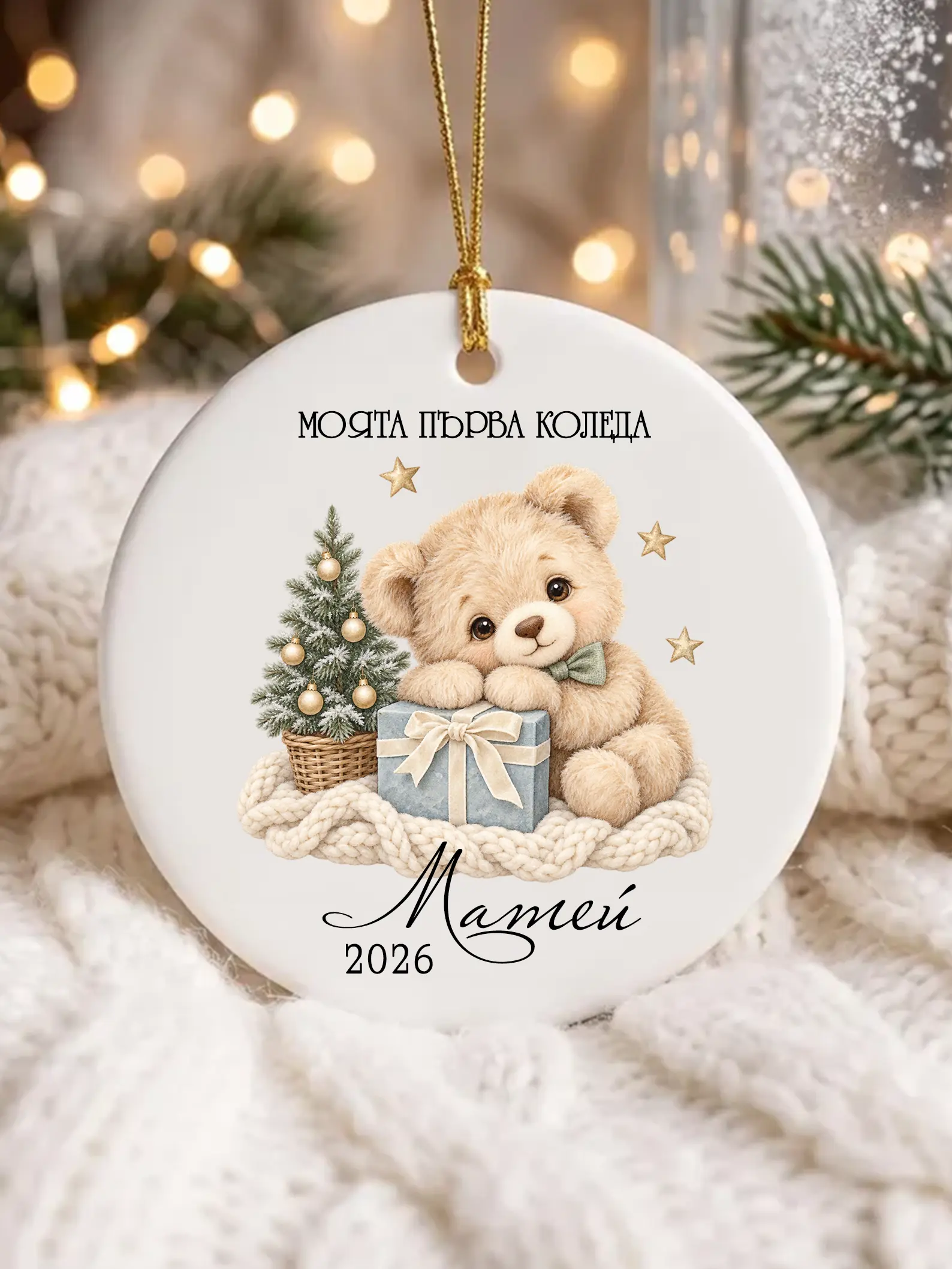 Керамична играчка за първата Коледа – мече за момче Керамична играчка за първата Коледа с мече, име Матей и година