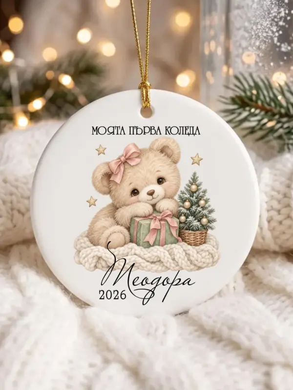 Персонализирана керамична играчка за първата Коледа с мече и име Теодора