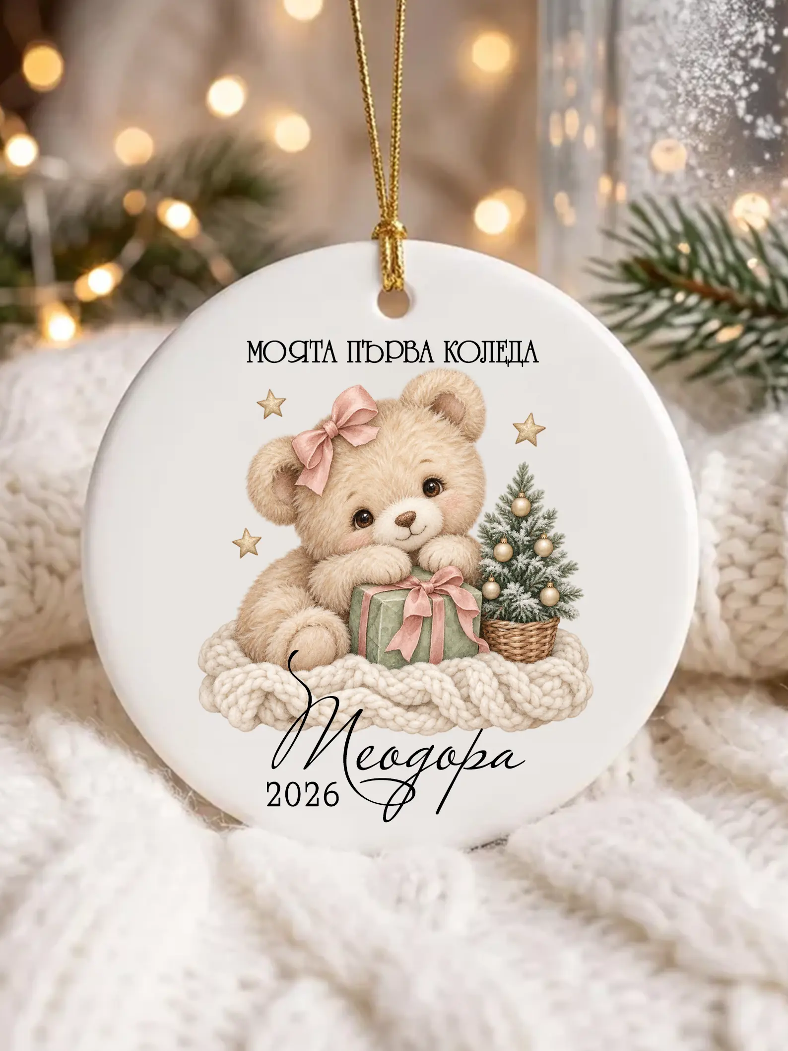 Керамична играчка за първата Коледа – мече за момиче Персонализирана керамична играчка за първата Коледа с мече и име Теодора